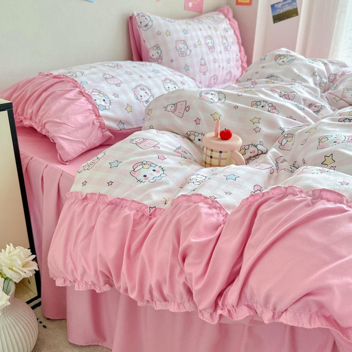 91家纺网 家纺一手货源 找家纺 优卡迪家纺馆 2025新款A类针织棉有氧双层纱花边款四件套 知音