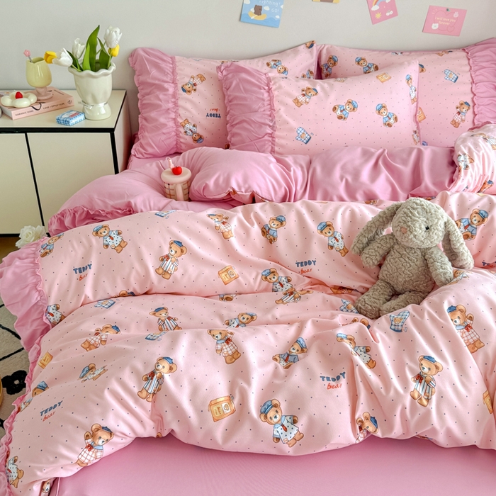 91家纺网 家纺一手货源 找家纺 优卡迪家纺馆 2025新款A类针织棉有氧双层纱花边款四件套 童趣