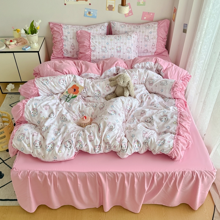 91家纺网 家纺一手货源 找家纺 优卡迪家纺馆 2025新款A类针织棉有氧双层纱花边款四件套 知音