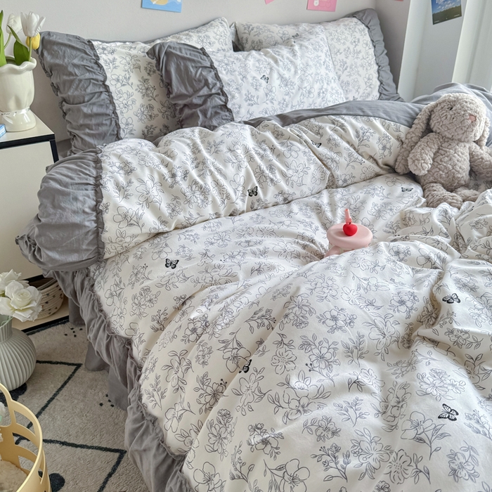 91家纺网 家纺一手货源 找家纺 优卡迪家纺馆 2025新款A类针织棉有氧双层纱花边款四件套 梦蝶