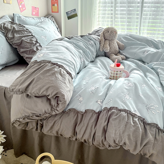 91家纺网 家纺一手货源 找家纺 优卡迪家纺馆 2025新款A类针织棉有氧双层纱花边款四件套 知秋