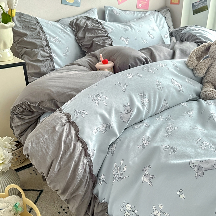 91家纺网 家纺一手货源 找家纺 优卡迪家纺馆 2025新款A类针织棉有氧双层纱花边款四件套 知秋