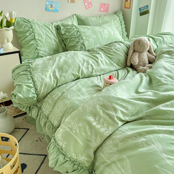 91家纺网 家纺一手货源 找家纺 优卡迪家纺馆 2025新款A类针织棉有氧双层纱花边款四件套 森恋