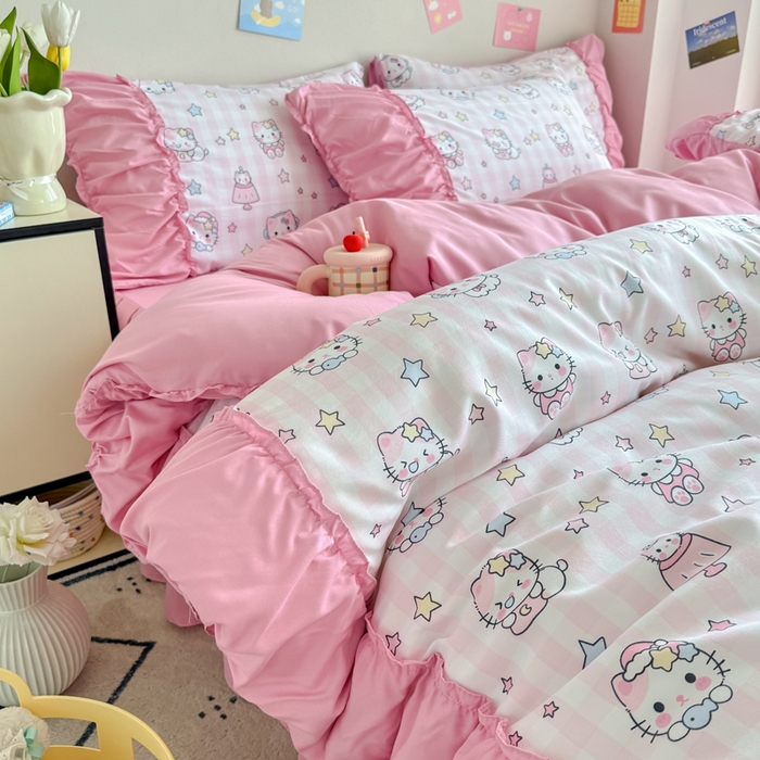 91家纺网 家纺一手货源 找家纺 优卡迪家纺馆 2025新款A类针织棉有氧双层纱花边款四件套 知音