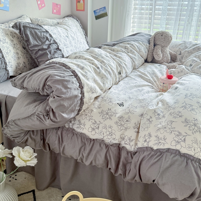 91家纺网 家纺一手货源 找家纺 优卡迪家纺馆 2025新款A类针织棉有氧双层纱花边款四件套 梦蝶