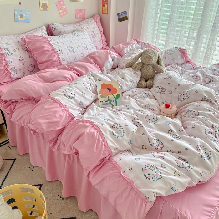 91家纺网 家纺一手货源 找家纺 优卡迪家纺馆 2025新款A类针织棉有氧双层纱花边款四件套 知音