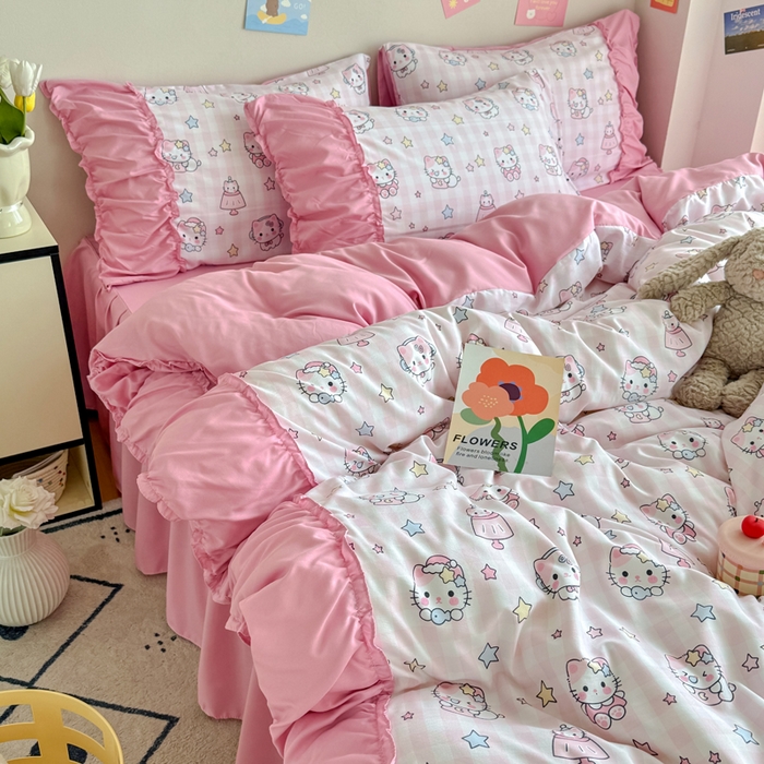 91家纺网 家纺一手货源 找家纺 优卡迪家纺馆 2025新款A类针织棉有氧双层纱花边款四件套 知音