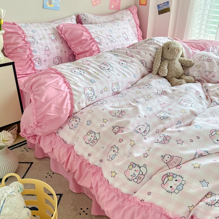 91家纺网 家纺一手货源 找家纺 优卡迪家纺馆 2025新款A类针织棉有氧双层纱花边款四件套 知音