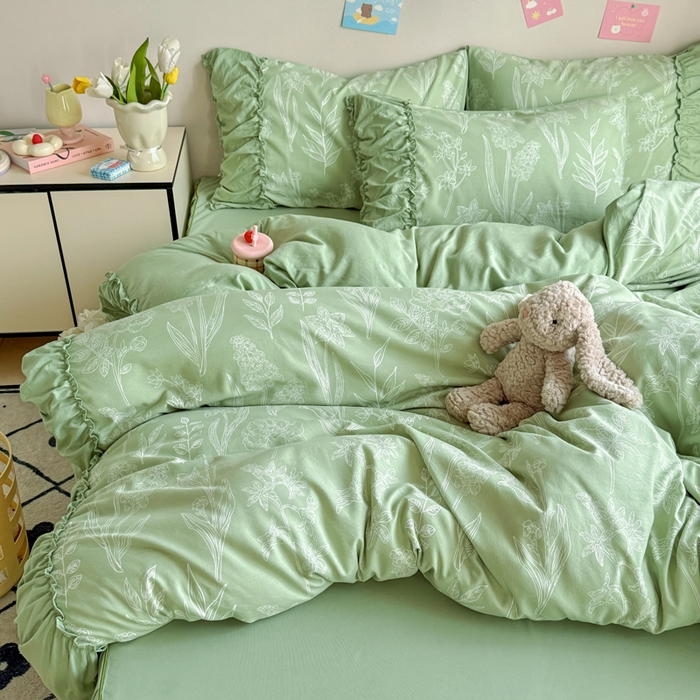 91家纺网 家纺一手货源 找家纺 优卡迪家纺馆 2025新款A类针织棉有氧双层纱花边款四件套 森恋