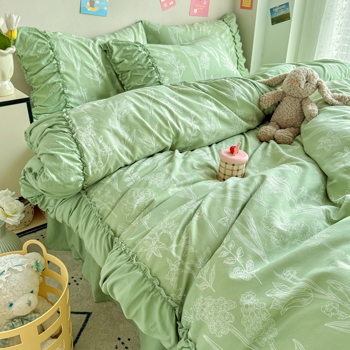 91家纺网 家纺一手货源 找家纺 优卡迪家纺馆 2025新款A类针织棉有氧双层纱花边款四件套 森恋