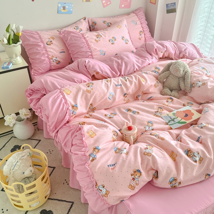 91家纺网 家纺一手货源 找家纺 优卡迪家纺馆 2025新款A类针织棉有氧双层纱花边款四件套 童趣