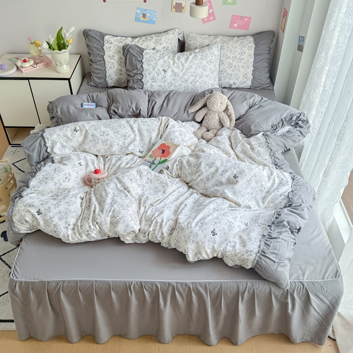 91家纺网 家纺一手货源 找家纺 优卡迪家纺馆 2025新款A类针织棉有氧双层纱花边款四件套 梦蝶