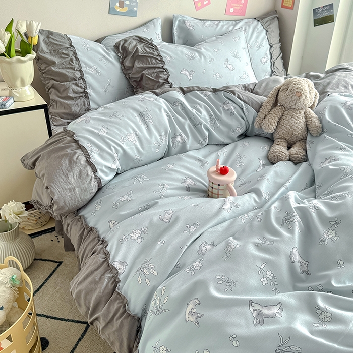 91家纺网 家纺一手货源 找家纺 优卡迪家纺馆 2025新款A类针织棉有氧双层纱花边款四件套 知秋