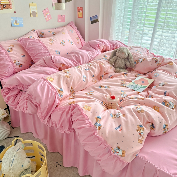 91家纺网 家纺一手货源 找家纺 优卡迪家纺馆 2025新款A类针织棉有氧双层纱花边款四件套 童趣