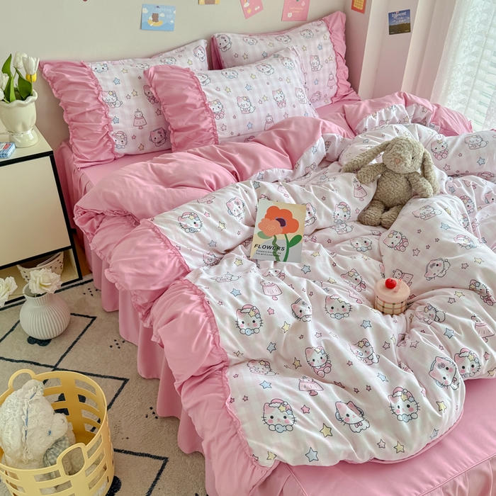 91家纺网 家纺一手货源 找家纺 优卡迪家纺馆 2025新款A类针织棉有氧双层纱花边款四件套 知音