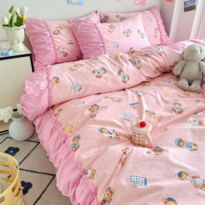 91家纺网 家纺一手货源 找家纺 优卡迪家纺馆 2025新款A类针织棉有氧双层纱花边款四件套 童趣