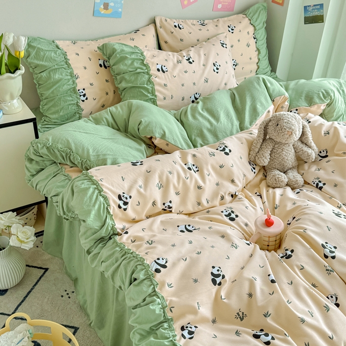 91家纺网 家纺一手货源 找家纺 优卡迪家纺馆 2025新款A类针织棉有氧双层纱花边款四件套 呢喃