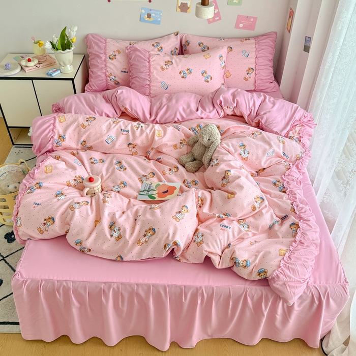 91家纺网 家纺一手货源 找家纺 优卡迪家纺馆 2025新款A类针织棉有氧双层纱花边款四件套 童趣