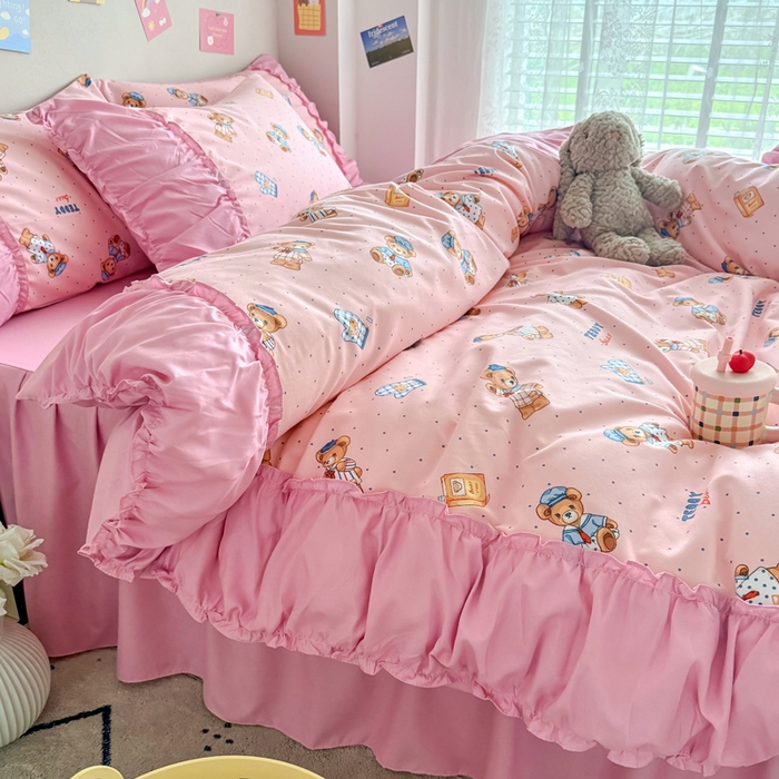 91家纺网 家纺一手货源 找家纺 优卡迪家纺馆 2025新款A类针织棉有氧双层纱花边款四件套 童趣