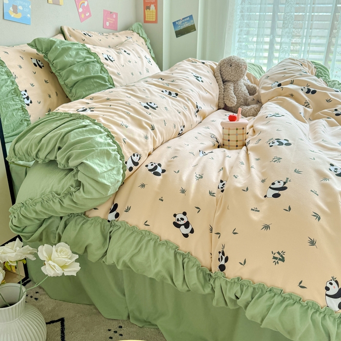 91家纺网 家纺一手货源 找家纺 优卡迪家纺馆 2025新款A类针织棉有氧双层纱花边款四件套 呢喃