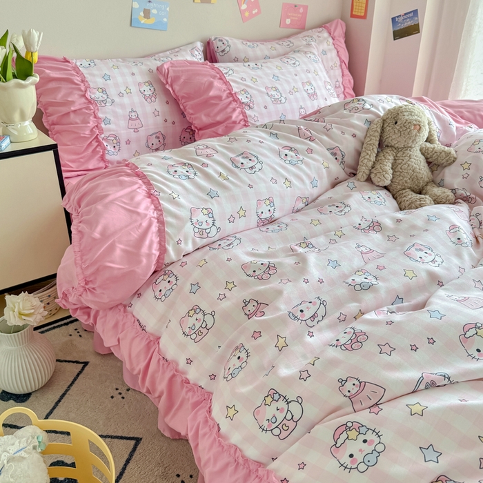 91家纺网 家纺一手货源 找家纺 优卡迪家纺馆 2025新款A类针织棉有氧双层纱花边款四件套 知音