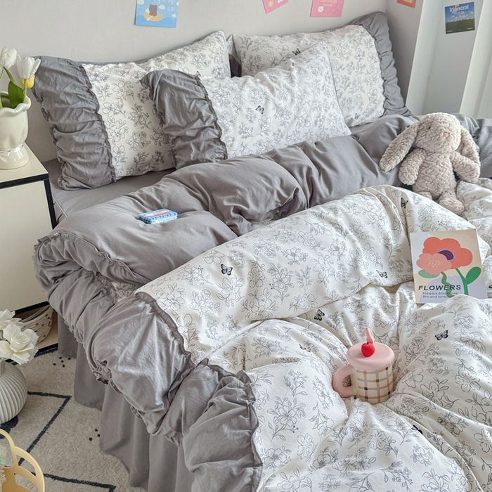 91家纺网 家纺一手货源 找家纺 优卡迪家纺馆 2025新款A类针织棉有氧双层纱花边款四件套 梦蝶