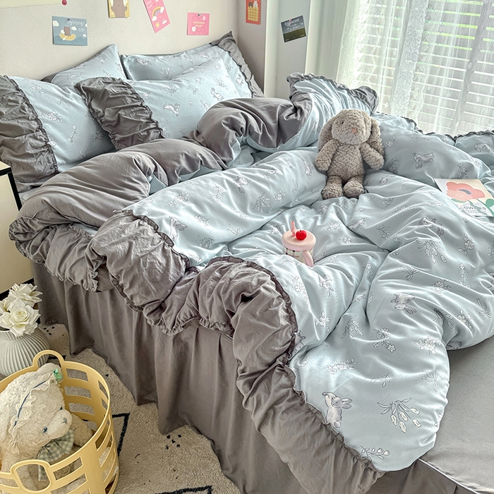 91家纺网 家纺一手货源 找家纺 优卡迪家纺馆 2025新款A类针织棉有氧双层纱花边款四件套 知秋