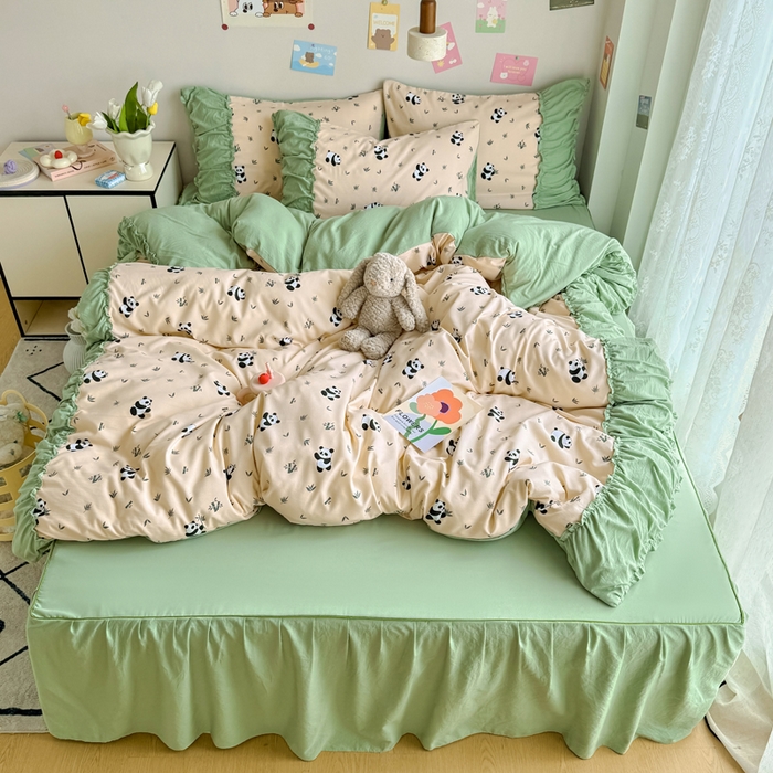 91家纺网 家纺一手货源 找家纺 优卡迪家纺馆 2025新款A类针织棉有氧双层纱花边款四件套 呢喃