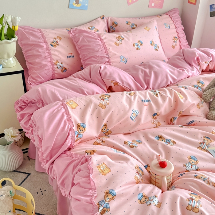 91家纺网 家纺一手货源 找家纺 优卡迪家纺馆 2025新款A类针织棉有氧双层纱花边款四件套 童趣