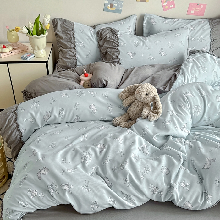 91家纺网 家纺一手货源 找家纺 优卡迪家纺馆 2025新款A类针织棉有氧双层纱花边款四件套 知秋