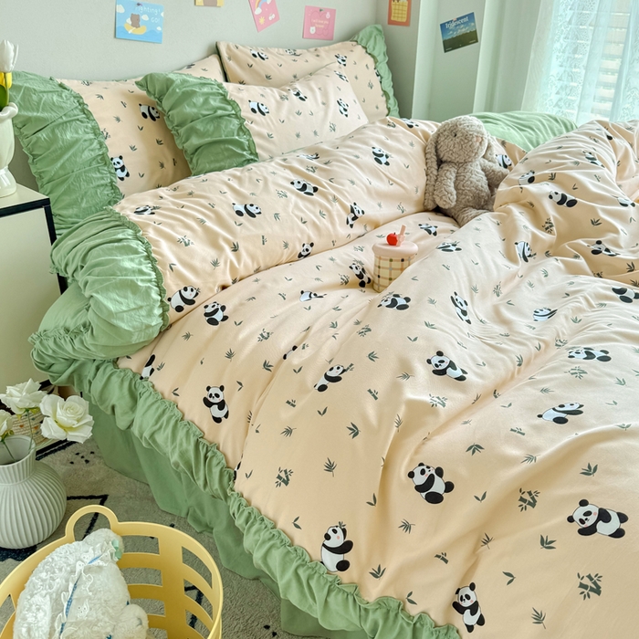 91家纺网 家纺一手货源 找家纺 优卡迪家纺馆 2025新款A类针织棉有氧双层纱花边款四件套 呢喃