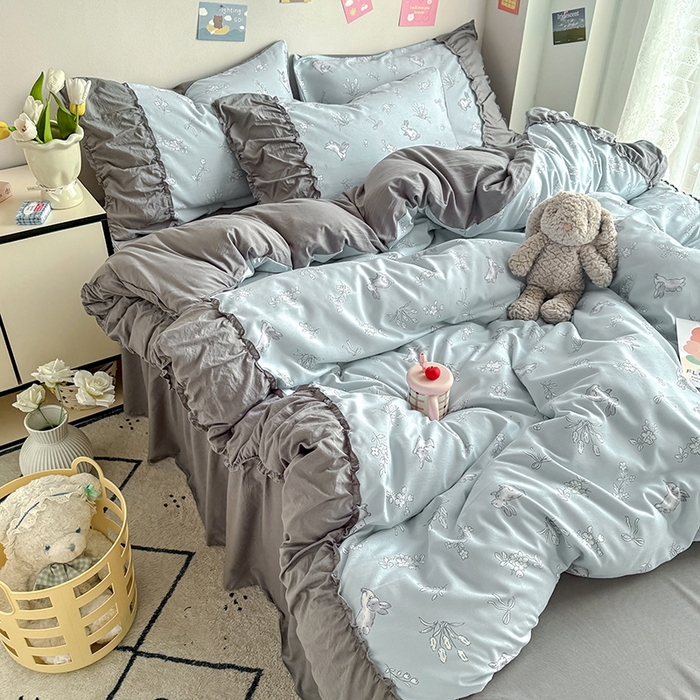 91家纺网 家纺一手货源 找家纺 优卡迪家纺馆 2025新款A类针织棉有氧双层纱花边款四件套 知秋