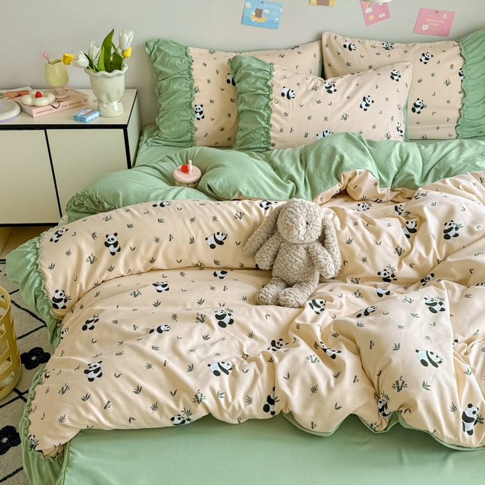 91家纺网 家纺一手货源 找家纺 优卡迪家纺馆 2025新款A类针织棉有氧双层纱花边款四件套 呢喃