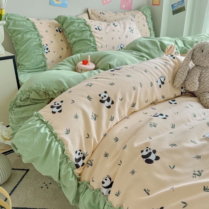 91家纺网 家纺一手货源 找家纺 优卡迪家纺馆 2025新款A类针织棉有氧双层纱花边款四件套 呢喃