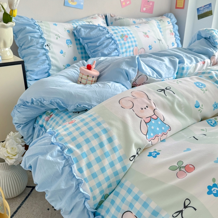 91家纺网 家纺一手货源 找家纺 优卡迪家纺馆 2025新款A类针织棉有氧双层纱花边款四件套 兰亭