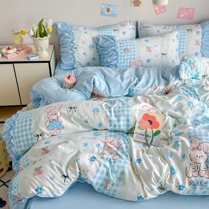 91家纺网 家纺一手货源 找家纺 优卡迪家纺馆 2025新款A类针织棉有氧双层纱花边款四件套 兰亭