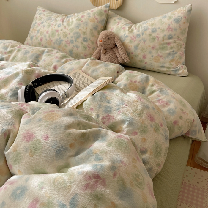 91家纺网 家纺一手货源 找家纺 贝扬思家纺 2025新款云感双层纱印花四件套 栀子花信