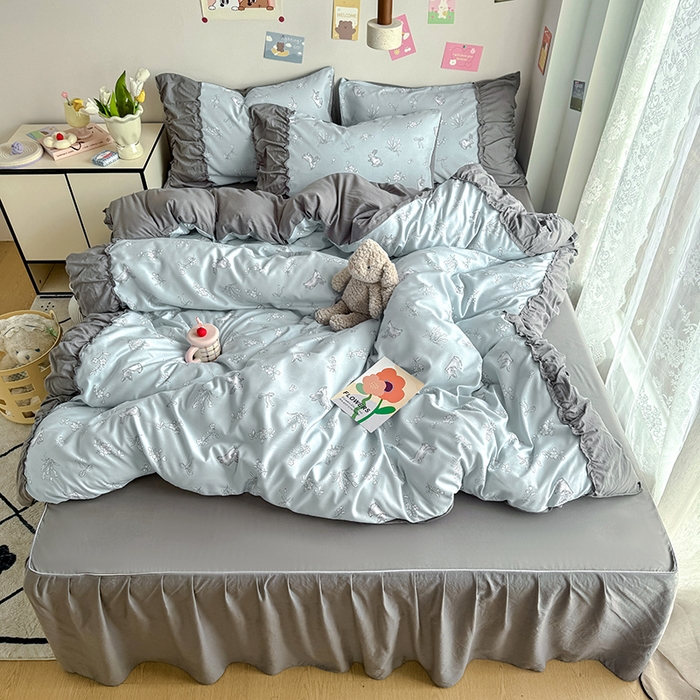 91家纺网 家纺一手货源 找家纺 优卡迪家纺馆 2025新款A类针织棉有氧双层纱花边款四件套 知秋