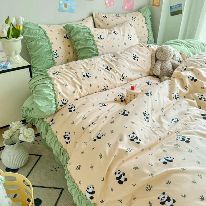 91家纺网 家纺一手货源 找家纺 优卡迪家纺馆 2025新款A类针织棉有氧双层纱花边款四件套 呢喃