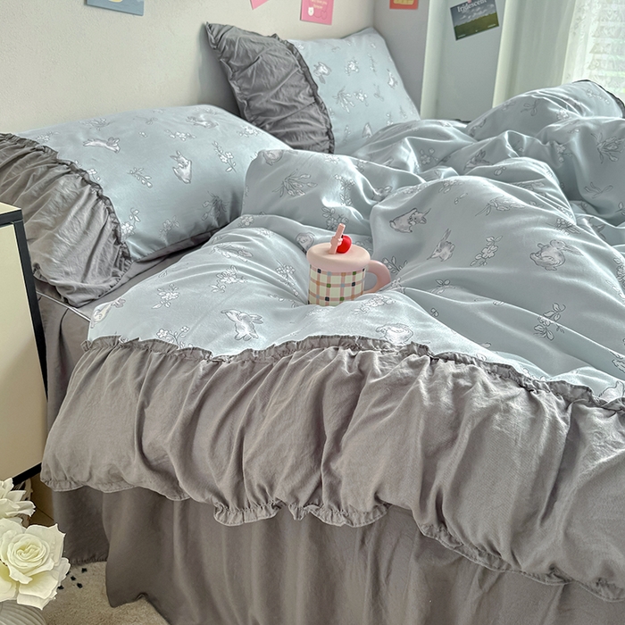 91家纺网 家纺一手货源 找家纺 优卡迪家纺馆 2025新款A类针织棉有氧双层纱花边款四件套 知秋