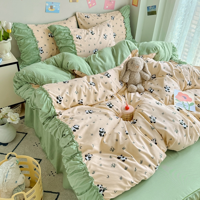 91家纺网 家纺一手货源 找家纺 优卡迪家纺馆 2025新款A类针织棉有氧双层纱花边款四件套 呢喃