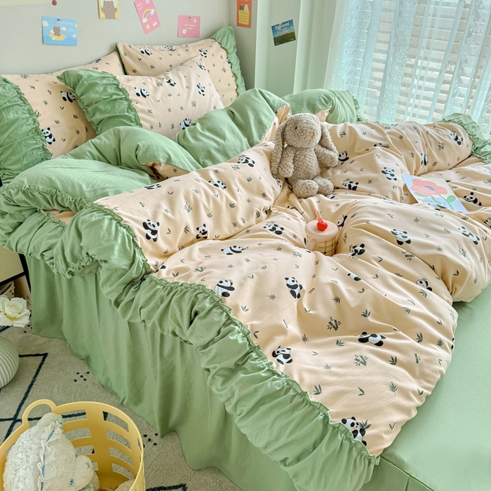 91家纺网 家纺一手货源 找家纺 优卡迪家纺馆 2025新款A类针织棉有氧双层纱花边款四件套 呢喃