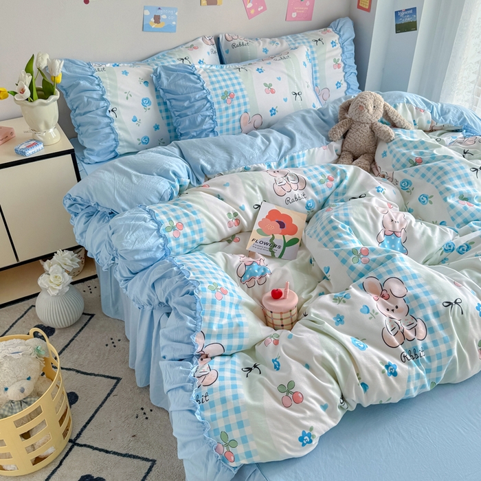 91家纺网 家纺一手货源 找家纺 优卡迪家纺馆 2025新款A类针织棉有氧双层纱花边款四件套 兰亭