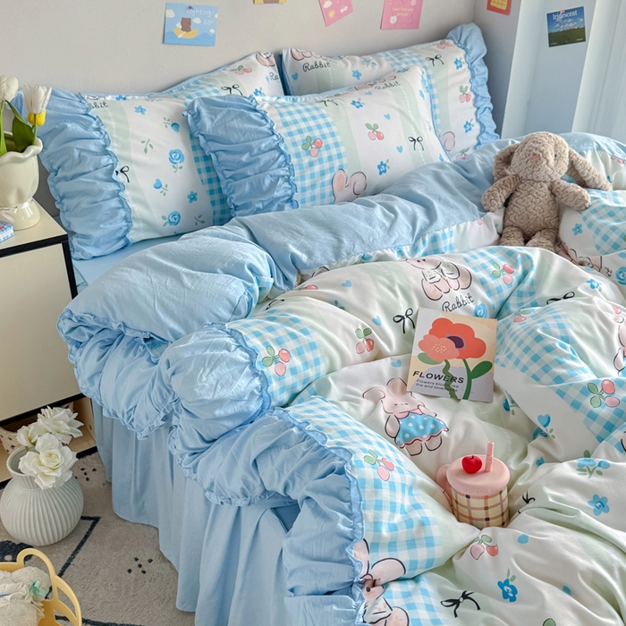 91家纺网 家纺一手货源 找家纺 优卡迪家纺馆 2025新款A类针织棉有氧双层纱花边款四件套 兰亭