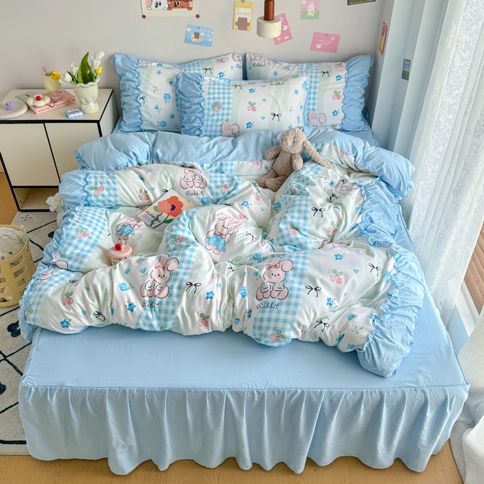 91家纺网 家纺一手货源 找家纺 优卡迪家纺馆 2025新款A类针织棉有氧双层纱花边款四件套 兰亭