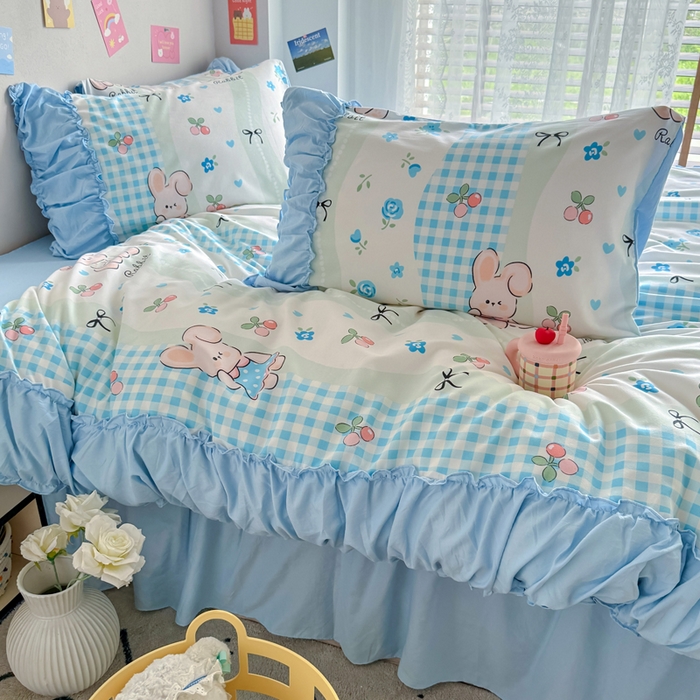 91家纺网 家纺一手货源 找家纺 优卡迪家纺馆 2025新款A类针织棉有氧双层纱花边款四件套 兰亭