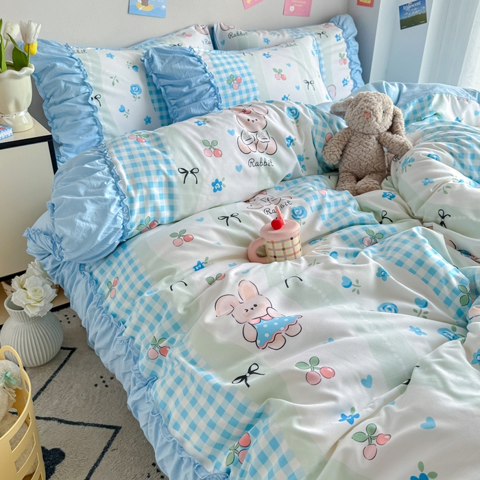 91家纺网 家纺一手货源 找家纺 优卡迪家纺馆 2025新款A类针织棉有氧双层纱花边款四件套 兰亭