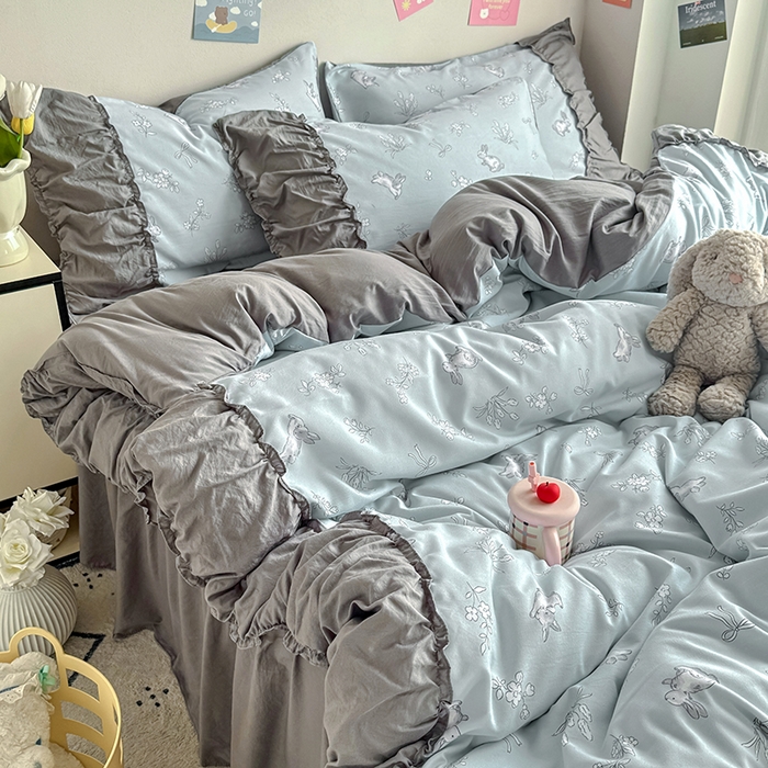 91家纺网 家纺一手货源 找家纺 优卡迪家纺馆 2025新款A类针织棉有氧双层纱花边款四件套 知秋