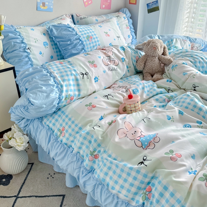 91家纺网 家纺一手货源 找家纺 优卡迪家纺馆 2025新款A类针织棉有氧双层纱花边款四件套 兰亭