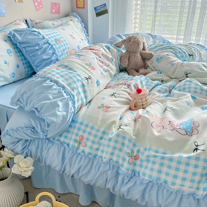 91家纺网 家纺一手货源 找家纺 优卡迪家纺馆 2025新款A类针织棉有氧双层纱花边款四件套 兰亭